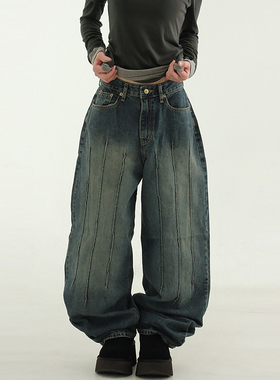韩国代购24F/W dark blue pin tuck wide jean 设计师深蓝牛仔裤