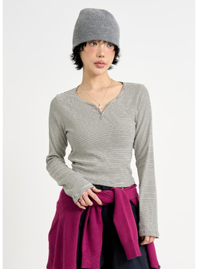 韩代Raucohouse Vein stripe henley crop tee 条纹修身长袖T恤