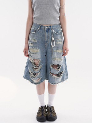 Raucohouse韩代破洞牛仔半腿裤