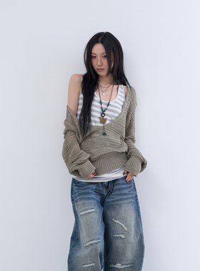 lowear韩代 relaxed v neck net knit 设计师款大V领长袖针织衫