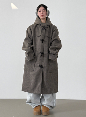 韩国代购26 oversize duffle hood long coat (unisex)毛呢大衣