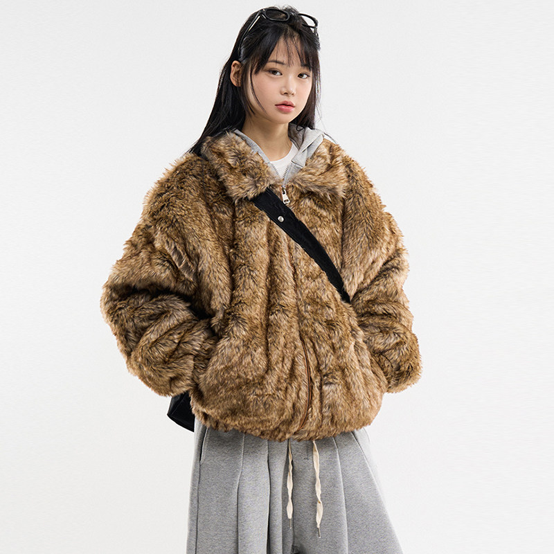 韩国代购Raucohouse Luna detachable hood loose fur jacket外套