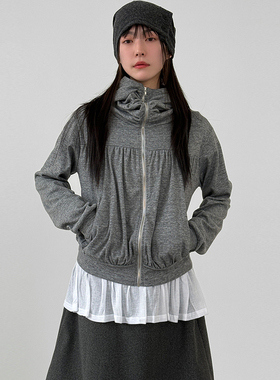 韩代26 silket high neck shirring hood zip-up(unisex)褶皱外套
