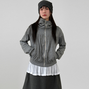 韩代26 silket high neck shirring hood zip-up(unisex)褶皱外套