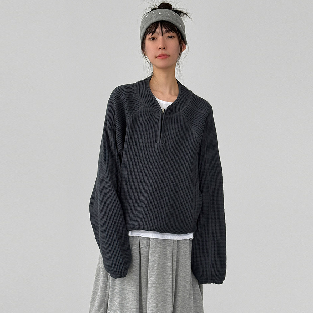 韩国代购26A/W zip-up neck waffle mtm (unisex) 华夫格宽松卫衣