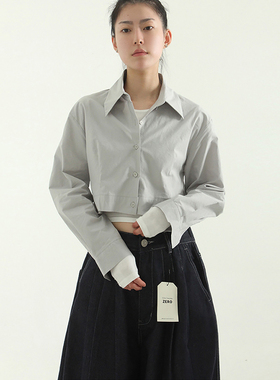 韩国代购pure cotton cropped shirt纯棉短款露脐衬衫百搭长袖女