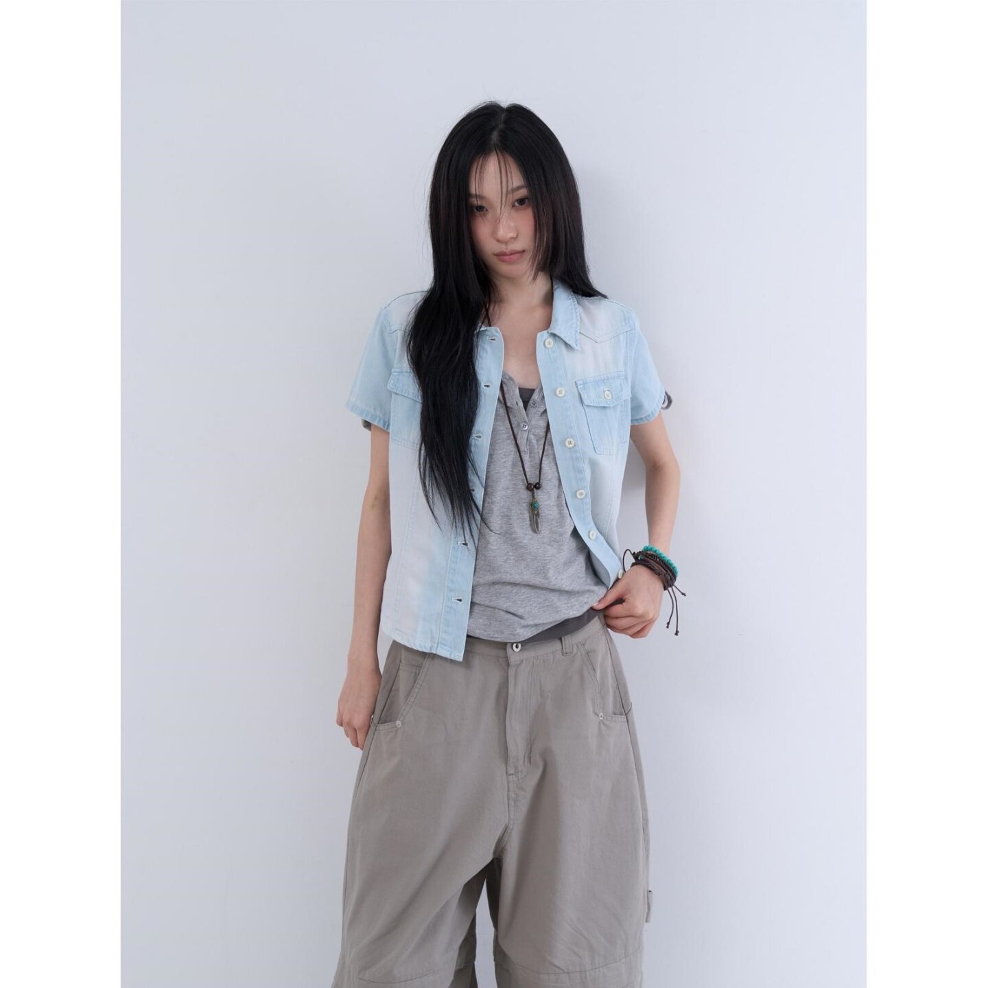 lowear韩代磨白短袖牛仔衬衫