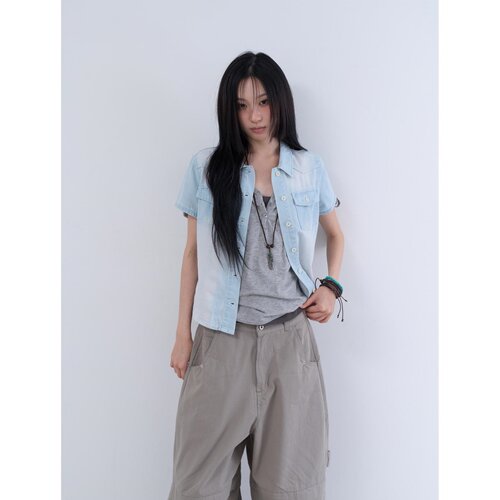 lowear韩代磨白短袖牛仔衬衫