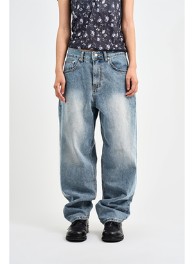 Raucohouse韩代 Sagging baggy denim pants 水洗磨白牛仔裤宽松