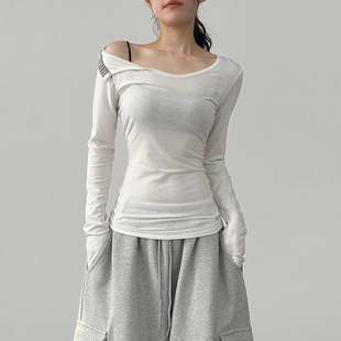 韩国代购25F/W check snap button tee 设计师款肩扣长袖T恤百搭