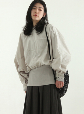 韩国代购 soft cotton raglan puff blouse 廓形短款圆领衬衫长袖