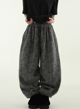 韩国代购25 leopard pattern fleece jogger banding pants豹纹裤
