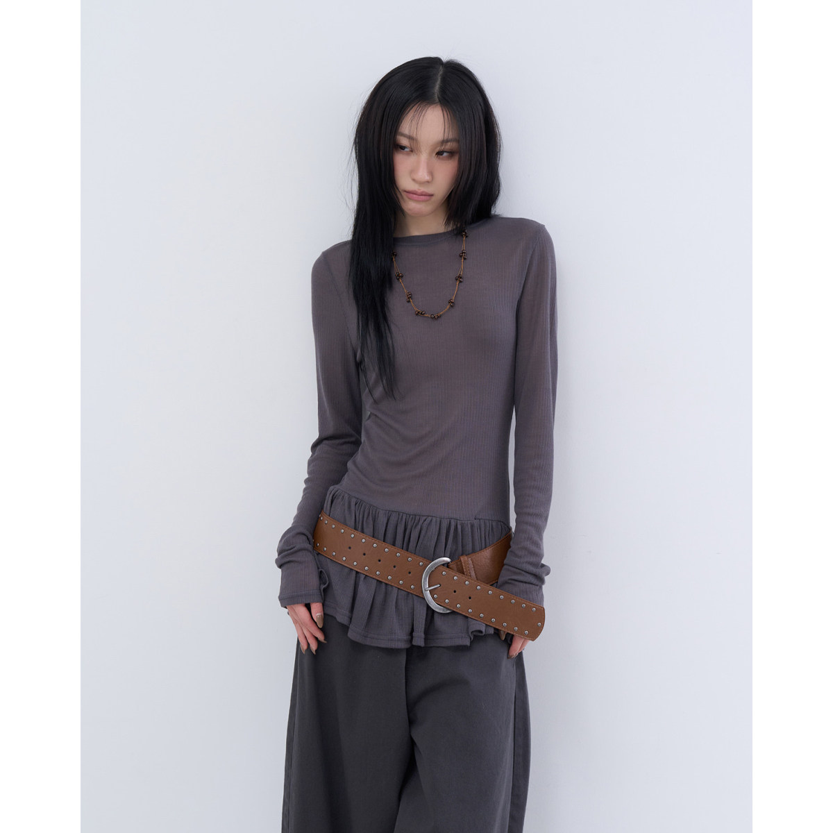 lowear韩代 thin golgi frill tee 设计师款修身荷叶边长袖T恤女