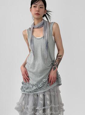 韩国代购26S/S stripe frill sleeveless top 荷叶边条纹背心女