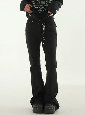 韩国代购25A/W stud cotton boot-cut pants 设计师款铆钉喇叭裤