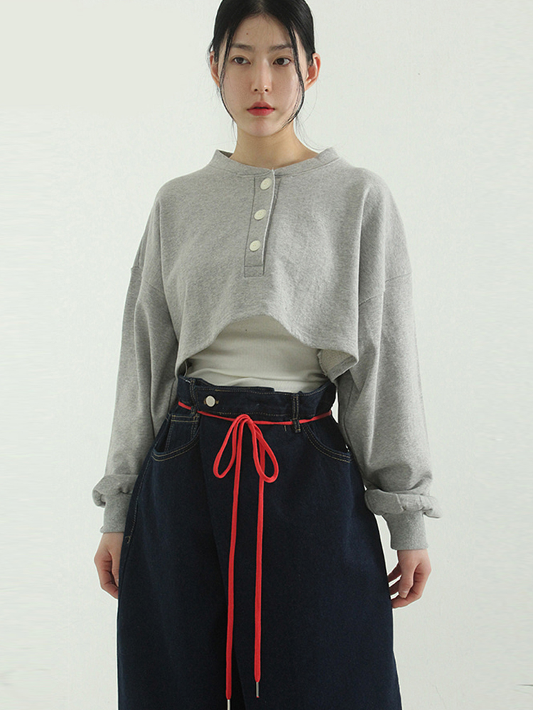 韩国代购 button neck cropped cotton MTM 短款纽扣长袖卫衣女