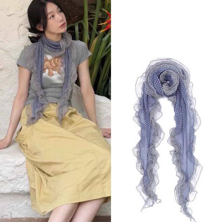 徐梦洁同款 韩国代购 网纱拼色褶边圆点围巾