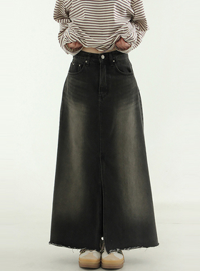 国内现货！24 front slit dark brown denim long skirt 牛仔长裙