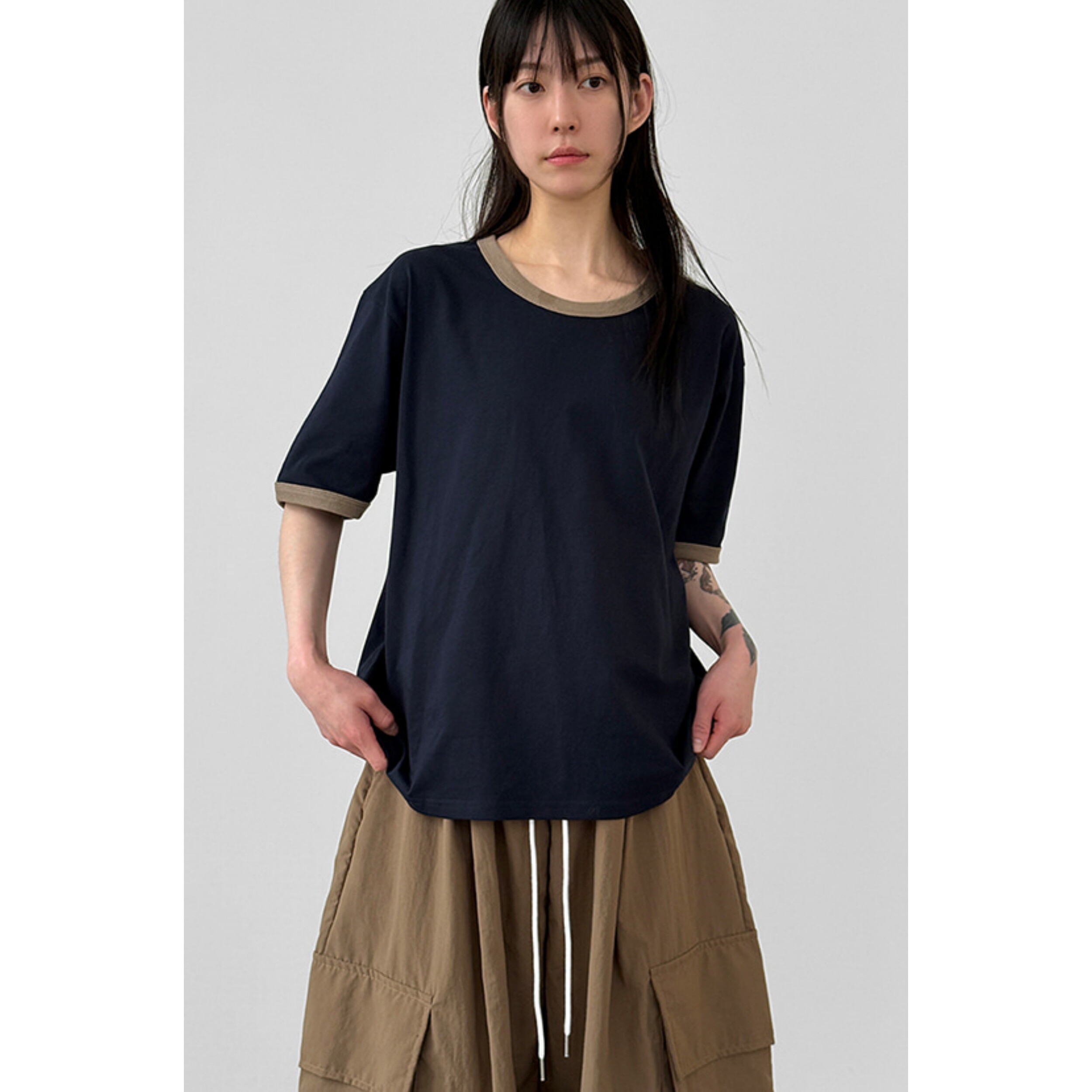 韩国代购26A/W silket cotton ringer half tee 拼色落肩半袖T恤