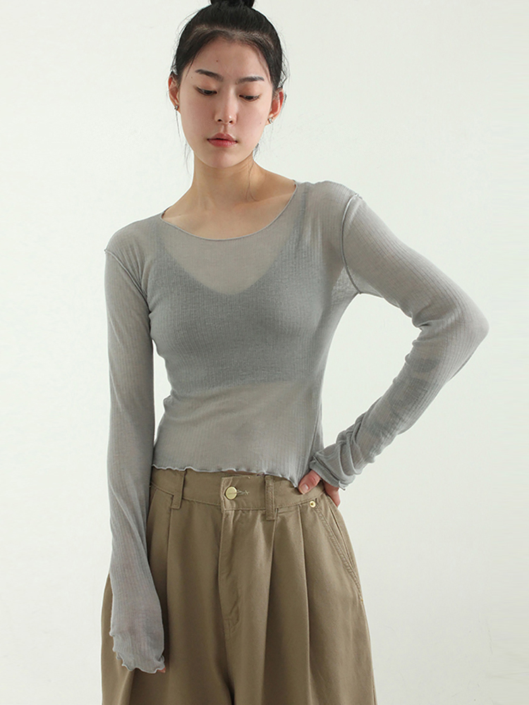 韩国代购23F/W soft wave golgi tee 薄款半透长袖T恤衫修身波浪