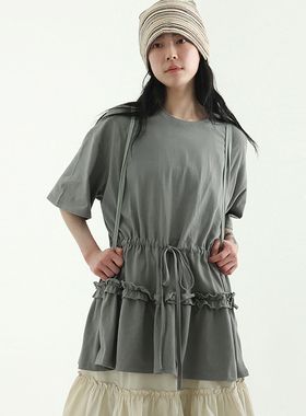 韩国代购25A/W waist string frill box half tee 短袖抽绳T恤女