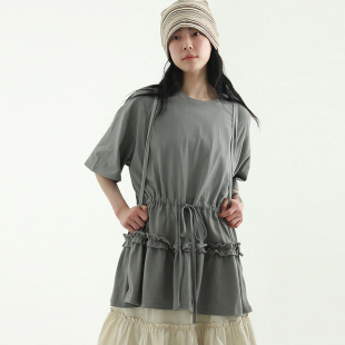 韩国代购25A/W waist string frill box half tee 短袖抽绳T恤女