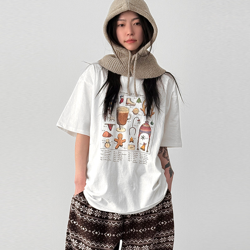 韩国代购25F/W christmas recipe half tee 设计师款印花长袖T恤