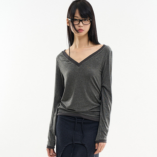 韩国代购 shirt V领长袖 wide sheer Panay Raucohouse neck