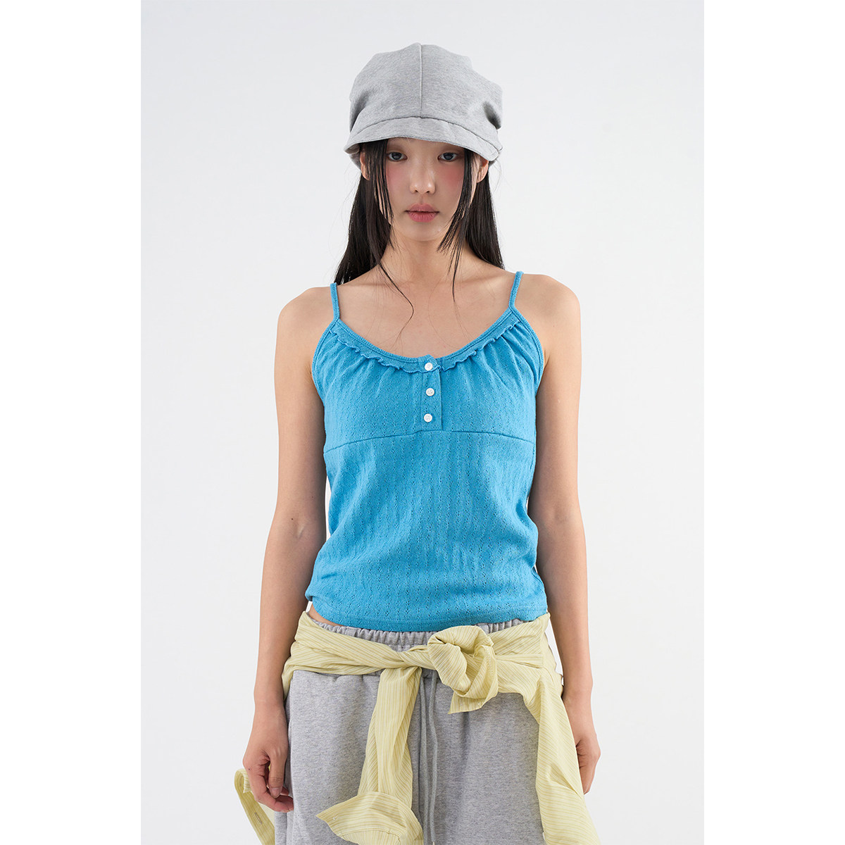 Raucohouse韩代 Kitsch button sleeveless 复古纯色吊带背心女