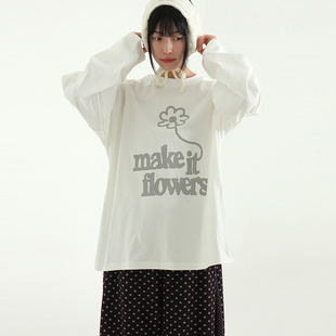韩国代购 cotton 印花长袖 T恤 printed 设计师款 flowers 25A tee