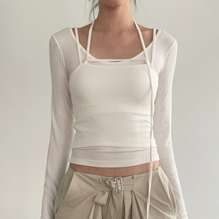 adelio韩代 haru layerd strap tee 设计款颈部吊带环绕分层T恤