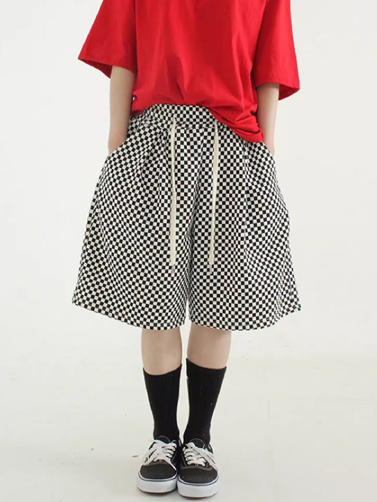 韩国代购 checker board half banding pants 宽松格子抽绳短裤女
