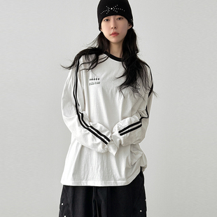 韩国代购25F/W sporty track cotton tee (unisex) 线条长袖T恤