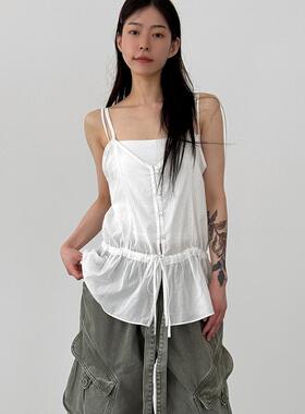 韩国代购26S/S string flare sleeveless top 系扣抽绳吊带背心