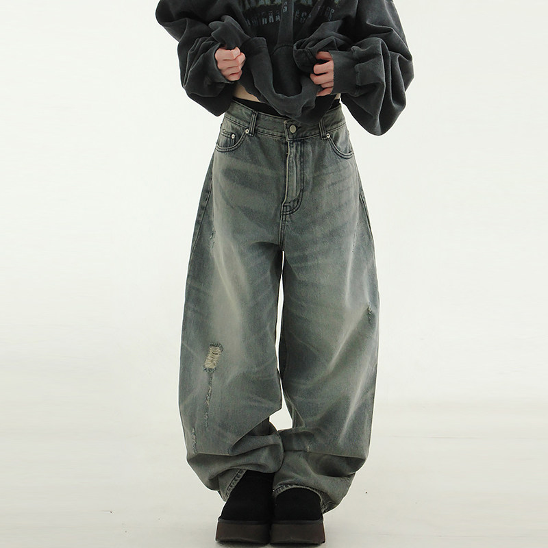 韩国代购24 blue damage wide jean (unisex) 破洞水洗牛仔裤复古