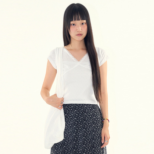 neck 韩代Raucohouse 蕾丝短袖 point shirt T恤上衣女 Lace