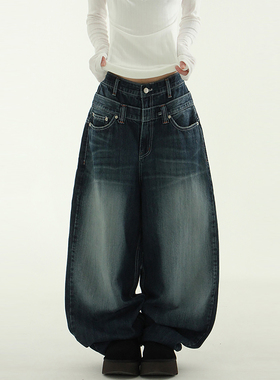 韩国代购24F/W double waist dark blue balloon jean 磨白牛仔裤