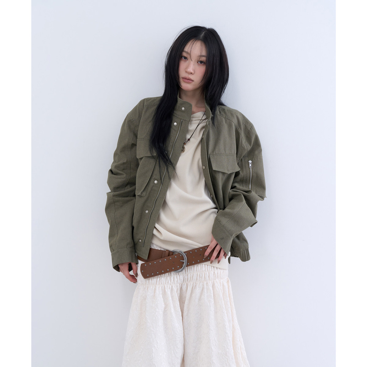 韩国代购26 military filed crop jacket 设计师口袋宽松夹克外套