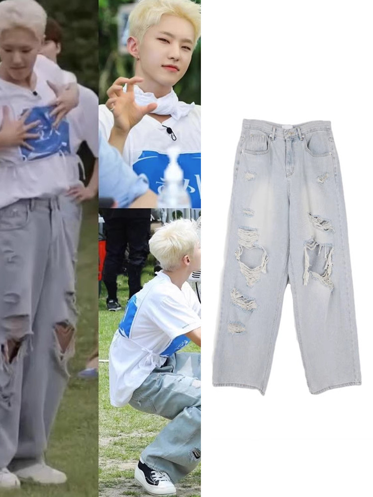 权顺荣同款韩国代购Raucohouse Drag destroyed wide denim pants