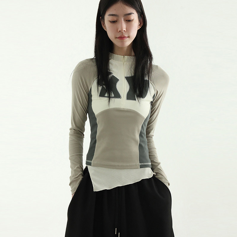 韩国代购25S/S raglan zip-up tee 设计师款拼接字母插肩长袖T