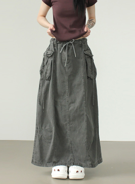韩国代购25 pigmented cotton section cargo long skirt工装长裙