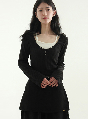 韩国代购25S/S layered button neck golgi tee 长袖吊带假两层T