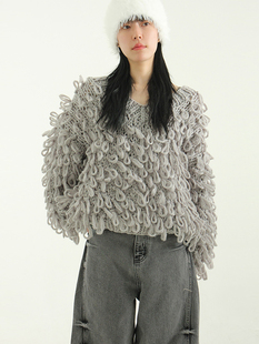 韩国代购 HANDMADE wave fur knit 设计师圈圈V领宽松针织衫毛衣