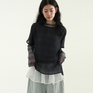 韩国代购25S/S tencel half blouse 设计师款半透短袖上衣百搭女