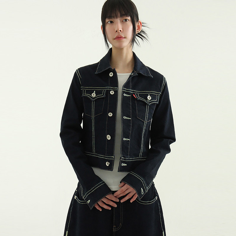 韩国代购24F/W stitch indigo denim trucker jacket 牛仔夹克