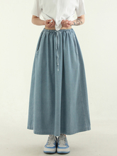 韩国代购23 light blue denim banding long skirt 抽绳牛仔长裙