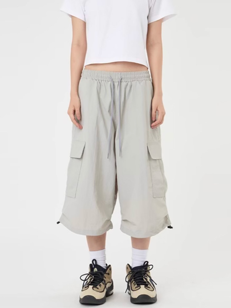 韩代Raucohouse Cargo nylon wide string capri pants 工装短裤
