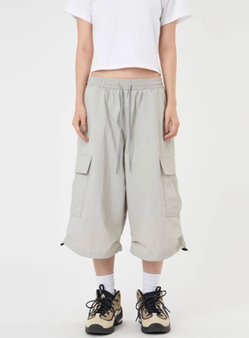 韩代Raucohouse Cargo nylon wide string capri pants 工装短裤