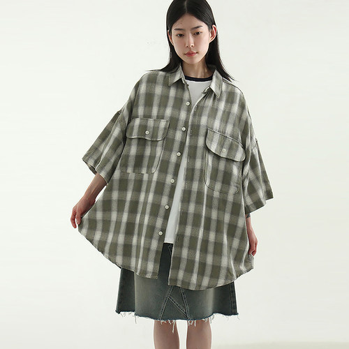 Localmansion韩代短袖格子衬衫