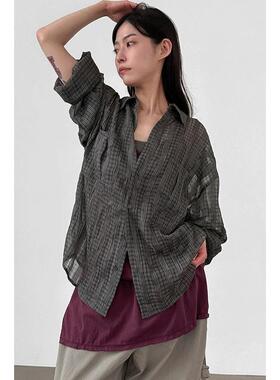 韩代26S/S wrinkled roll-up check shirt (unisex) 半透格子衬衫